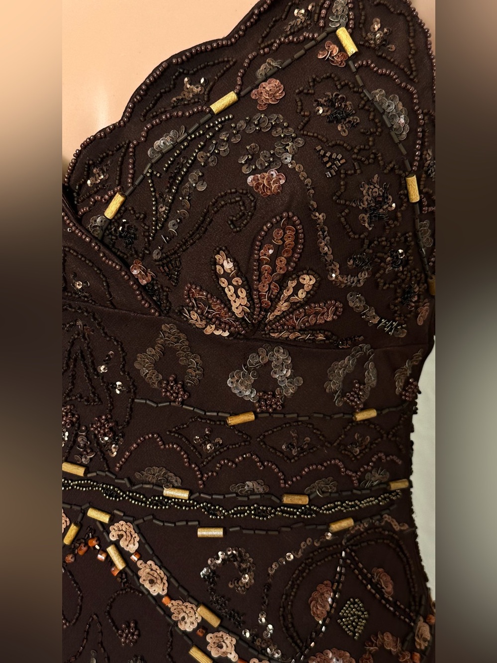 Sue Wong Brown Beaded Ruffle Maxi Dress - Picture 4 of 7